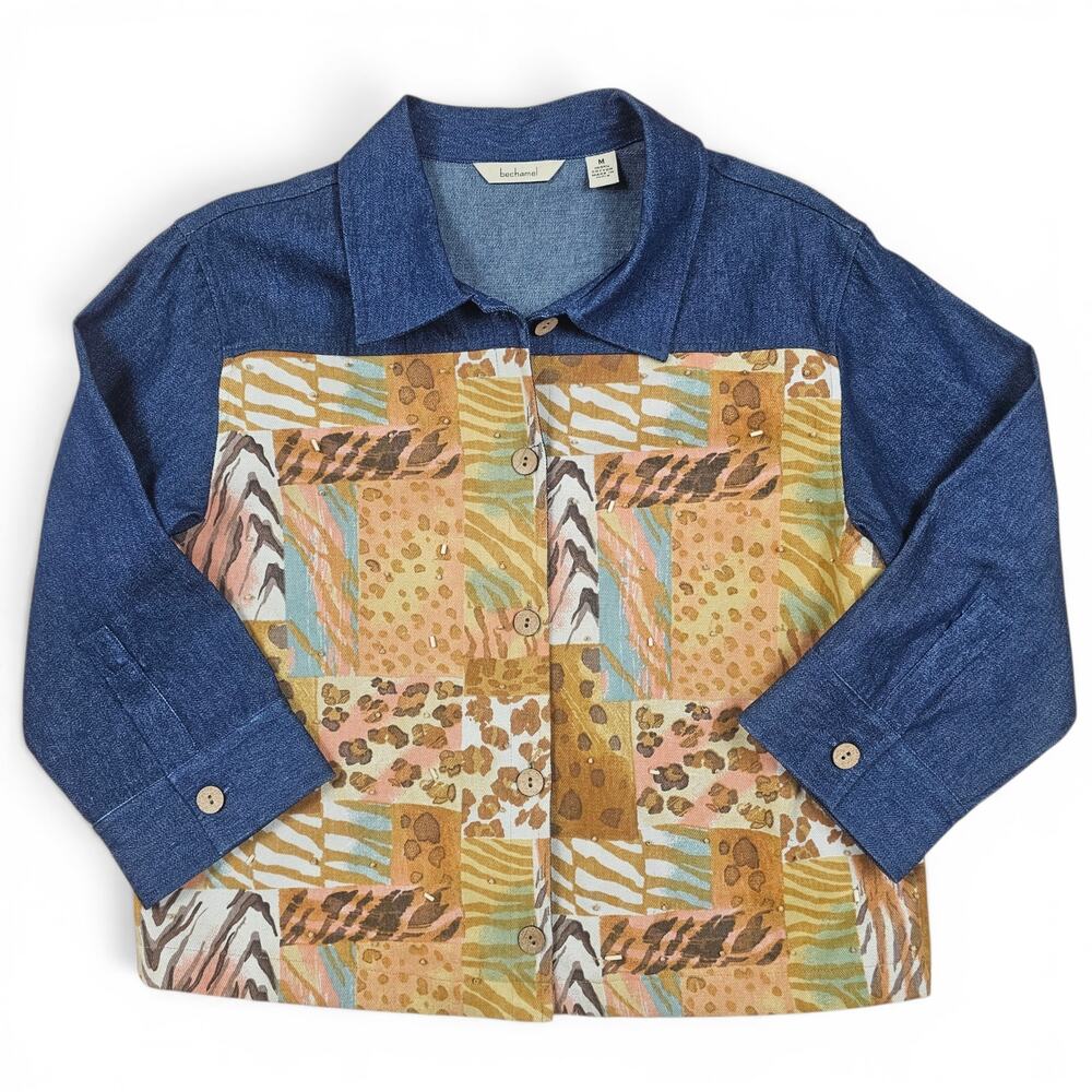 BECHAMEL Denim Button Front Shacket Women's M VTG Y2K  Animal Print Patchwork